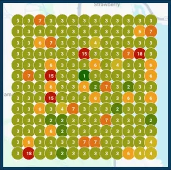 Google Business Profile rank grid before local SEO: mixed positions averaging 3.87